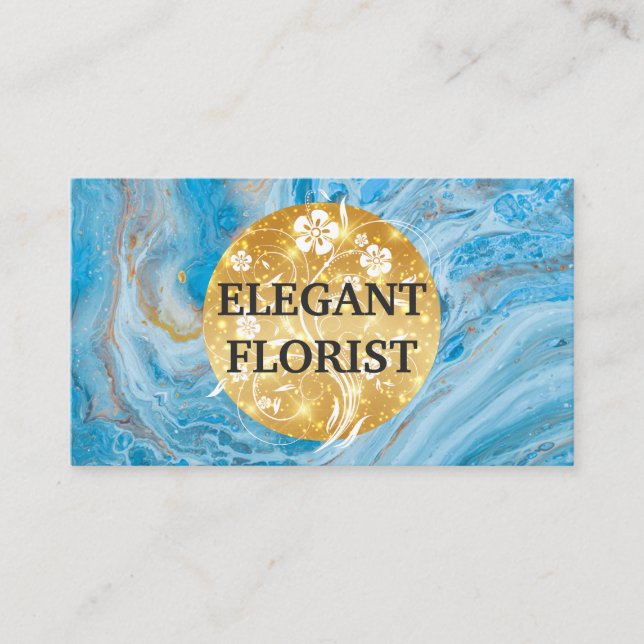 Gold Floral Background | Blue Marble Business Card (Front)
