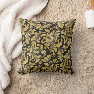 Gold floral baroque pattern on black background cushion