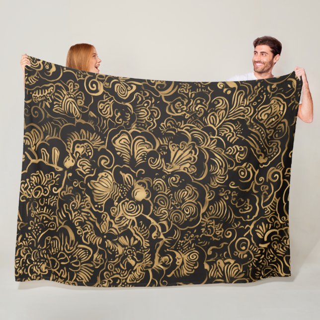 Gold Floral Baroque Pattern on Black Fleece Blanket (In Situ)