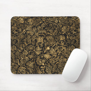 Gold Floral Baroque Pattern on Black Mouse Mat