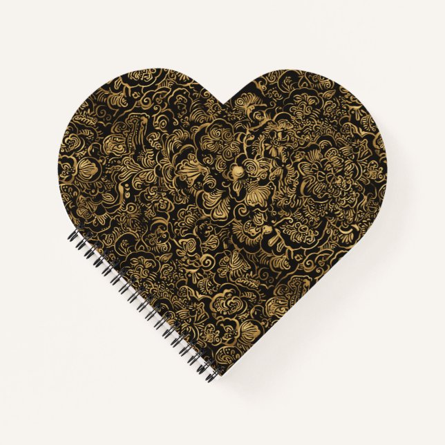 Gold Floral Baroque Pattern on Black Notebook (Front)