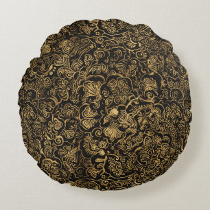 Gold Floral Baroque Pattern on Black Round Cushion