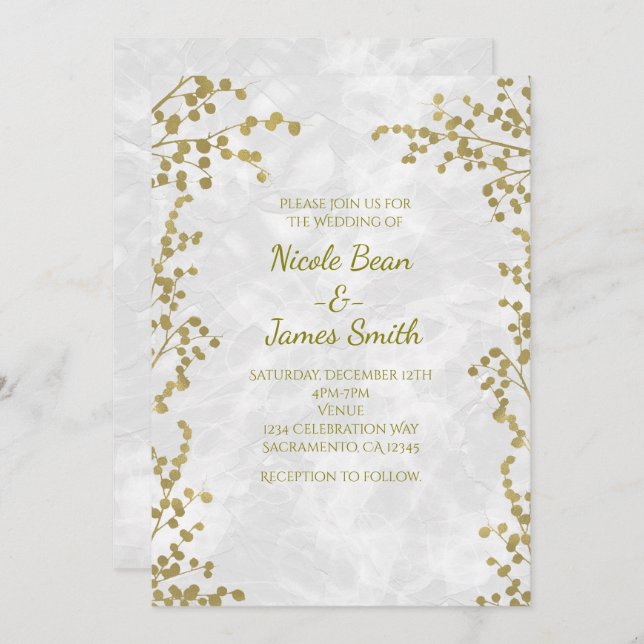 Gold Floral Berries Elegant Wedding Invitations (Front/Back)
