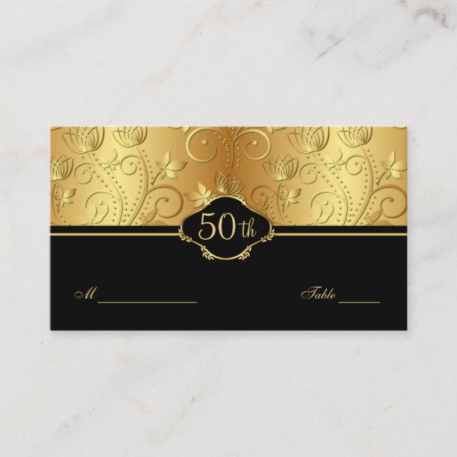 Gold Floral Black 50th Wedding Reception Place Car Place Card (Front)