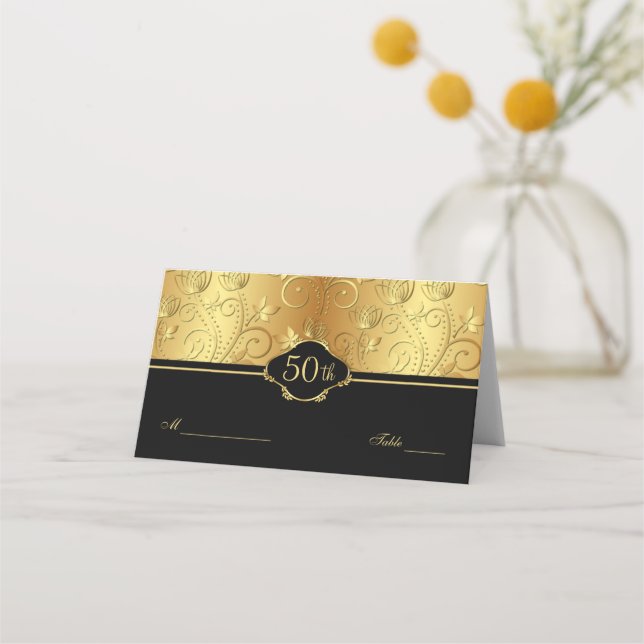 Gold Floral Black 50th Wedding Reception Place Car Place Card (Front)