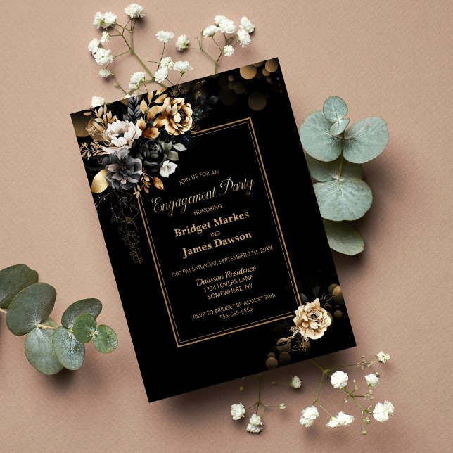 Gold Floral Black Engagement Party Invitation (Creator Uploaded)