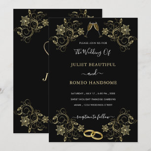 Gold Floral Black Golden Wedding Invitation