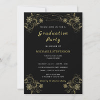 Gold Floral Black Graduation Invitation Template