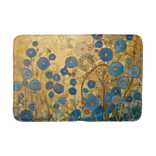 Gold Floral Blue Art Abstract Modern Bath Mat