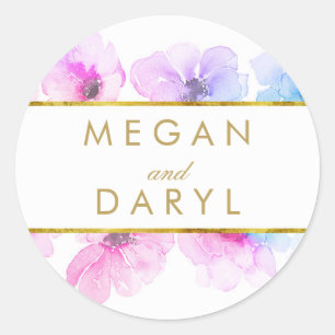 Gold Floral Blue Purple Elegant Wedding Classic Round Sticker