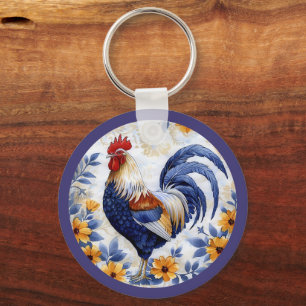 Gold Floral Blue Rooster Farmhouse Key Ring