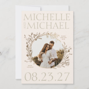 Gold Floral Border Photo Save The Date Card