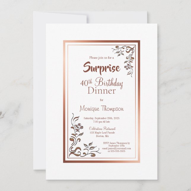 Gold Floral Border Surprise 40th Birthday Dinner Invitation (Front)
