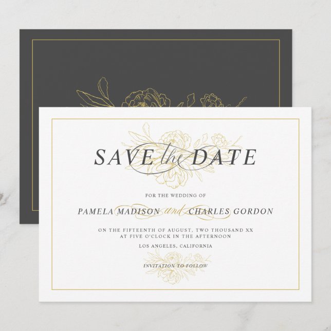 Gold floral bouquet outline elegant typography invitation (Front/Back)
