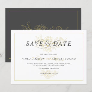 Gold floral bouquet outline elegant typography invitation