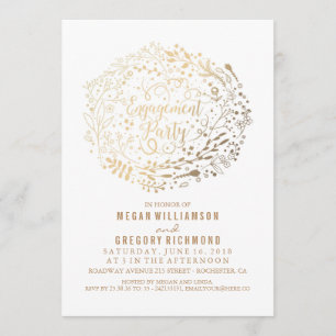 Gold Floral Bouquet White Engagement Party Invitation