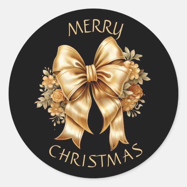Gold Floral Bow on Black Christmas Sealer Classic Round Sticker (Front)