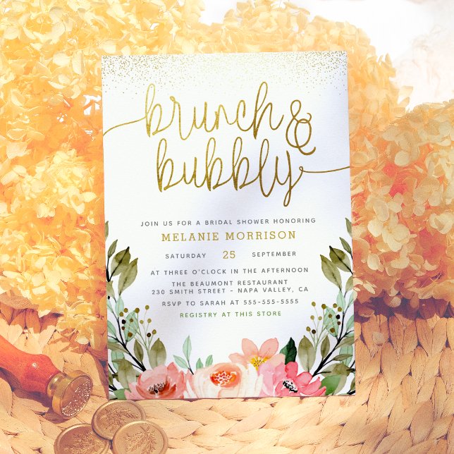 Gold Floral Brunch & Bubbly Bridal Shower Invitation (Creator Uploaded)