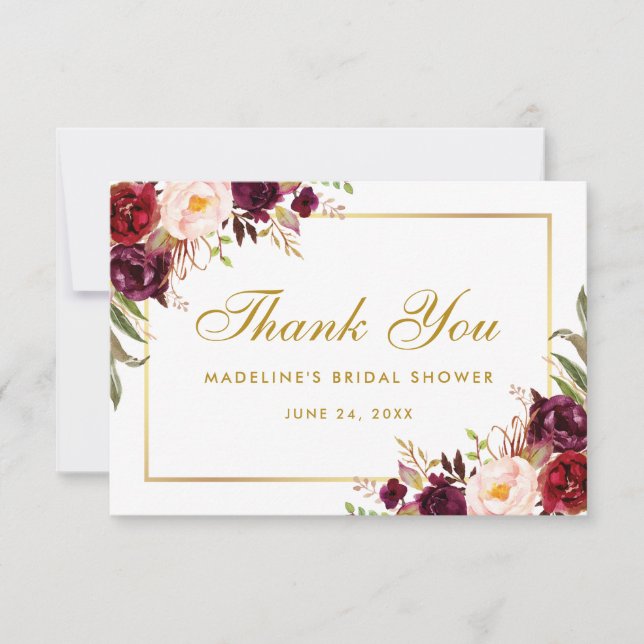 Gold Floral Burgundy Bridal Shower Thank You Invitation (Front)