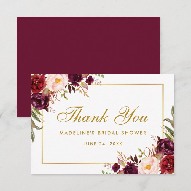 Gold Floral Burgundy Bridal Shower Thanks SB Thank You Card (Front/Back)