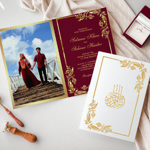 Gold Floral Burgundy Photo Muslim Wedding Foil Card