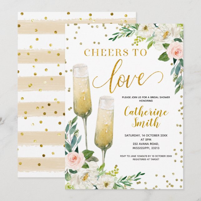 Gold Floral Cheers to Love Bridal Shower Invitation (Front/Back)