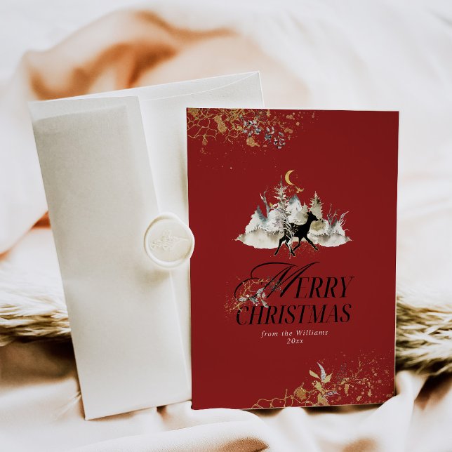 Gold Floral Christmas Deer Photo Christmas Red Holiday Card (Creator Uploaded)