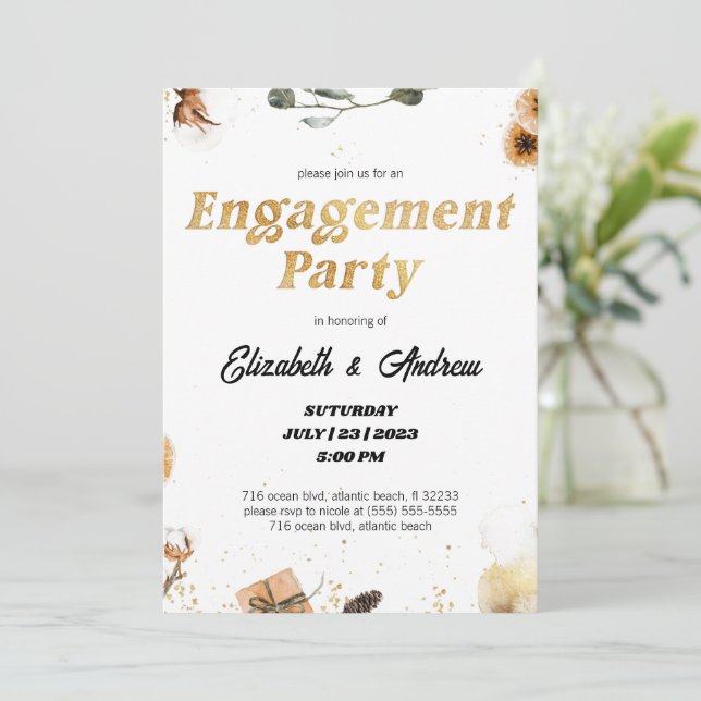 Gold Floral Christmas Engagement Party Invitations (Standing Front)