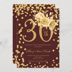 Gold Floral & Confetti 30th Birthday Burgundy Invitation