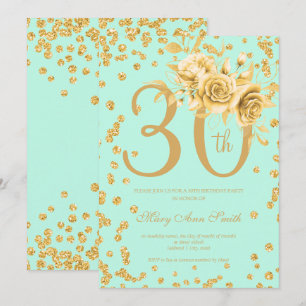 Gold Floral & Confetti 30th Birthday Mint  Invitation
