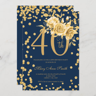 Gold Floral & Confetti 40th Birthday Navy  Invitation