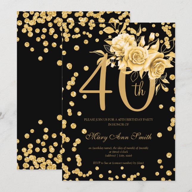 Gold Floral & Confetti 40th Birthday Party Black  Invitation (Front/Back)