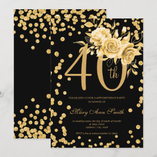Gold Floral & Confetti 40th Birthday Party Black Invitation