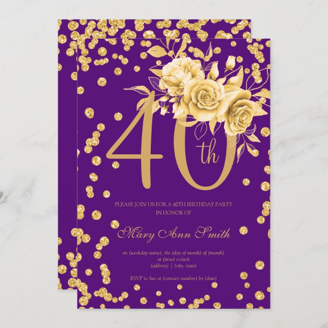Gold Floral & Confetti 40th Birthday Party Purple  Invitation (Front/Back)