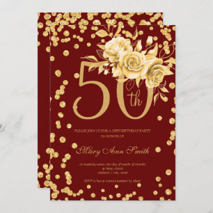 Gold Floral & Confetti 50th Birthday Burgundy  Invitation