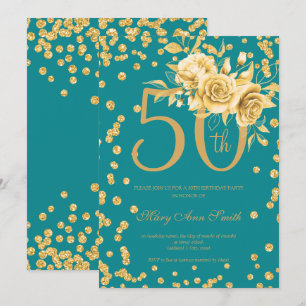 Gold Floral & Confetti 50th Birthday Teal  Invitation