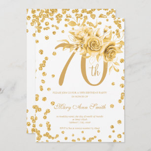 Gold Floral & Confetti 70th Birthday Party Invitation