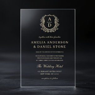 Gold Floral Crest Monogram Wedding Elegant Acrylic Invitations