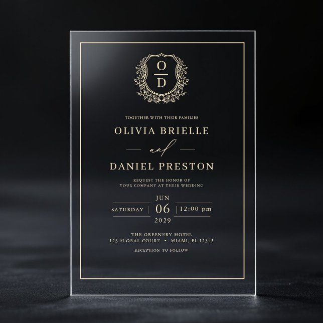 Gold Floral Crest Monogram Wedding Elegant Acrylic Invitations (Creator Uploaded)