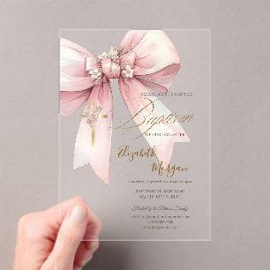 Gold Floral Cross Bow Baptism Pink Acrylic Invitations