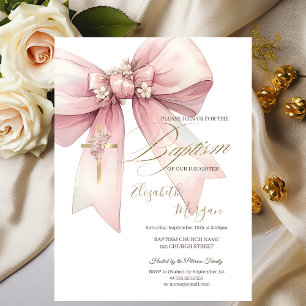 Gold Floral Cross Bow Baptism Pink Invitation