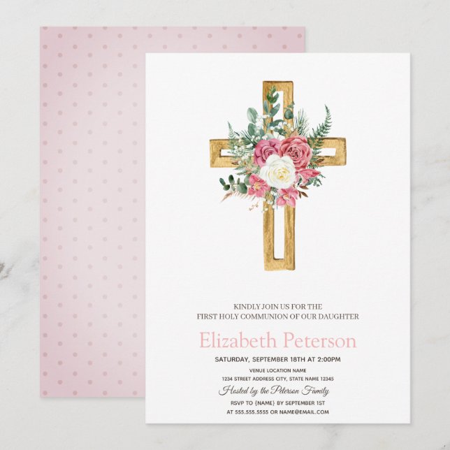 Gold Floral Cross,Dotted First Holy Communion  Invitation (Front/Back)