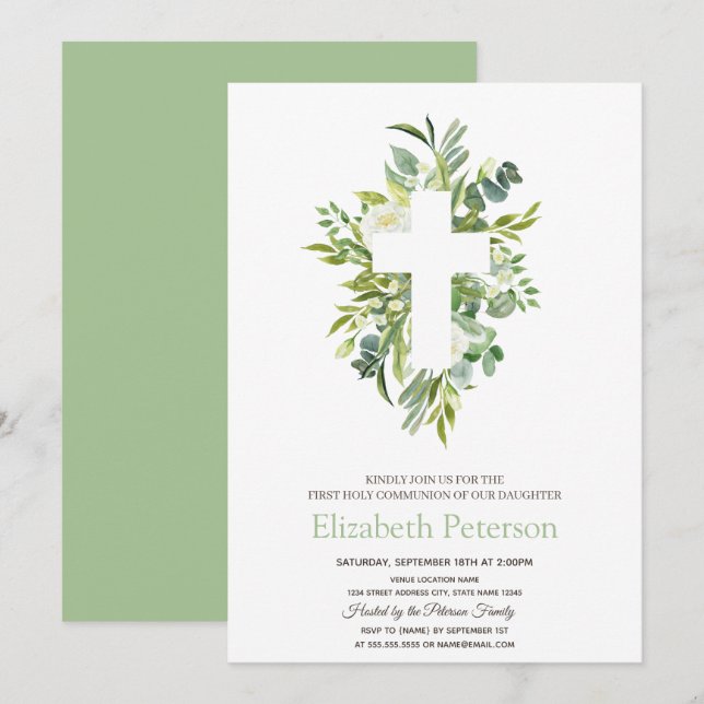 Gold Floral Cross Leaves First Holy Communion   Invitation (Front/Back)