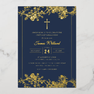Gold Floral Cross Navy Boys First Communion
