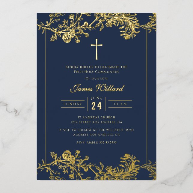 Gold Floral Cross Navy Boys First Communion (Front)