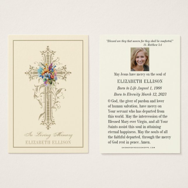 Gold Floral Cross Religious  Funeral Prayer Card (Front & Back)