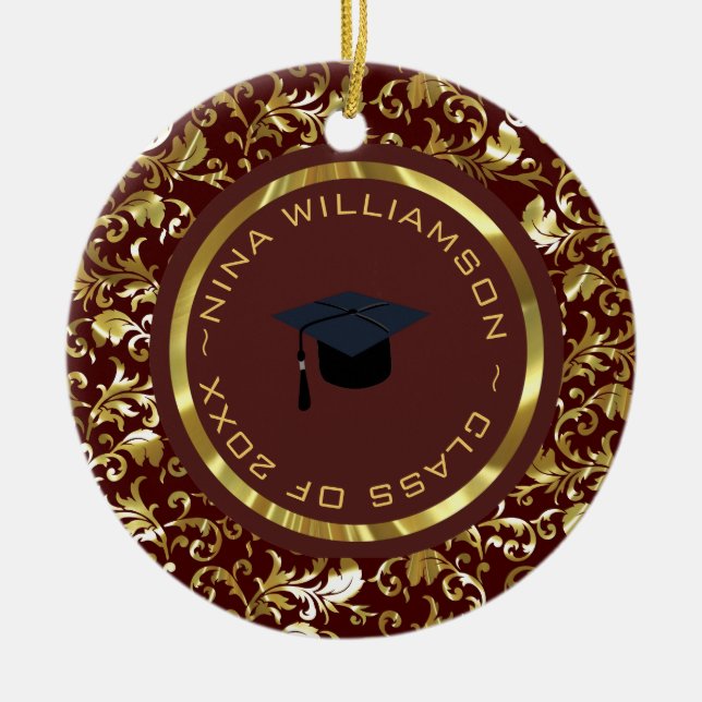 Gold Floral Damask And Cap Ceramic Tree Decoration (Front)