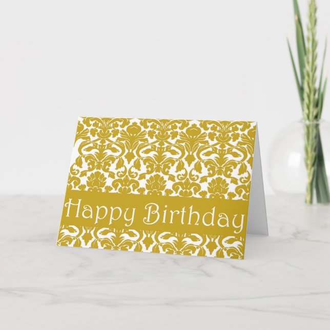 Gold Floral Damask Happy Birthday Card (Front)