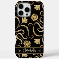 Gold Floral Damask Sunflower Classy Black Folk Art