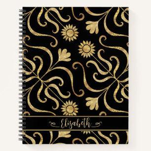 Gold Floral Damask Sunflower Classy Black Folk Art Notebook